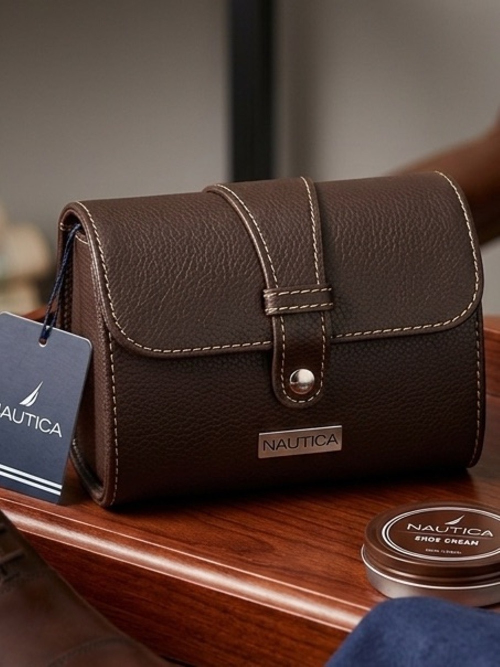 NWT Nautica Travel Shoe Care Kit | Brown Pebbled Polish Valet Menโs Gift
